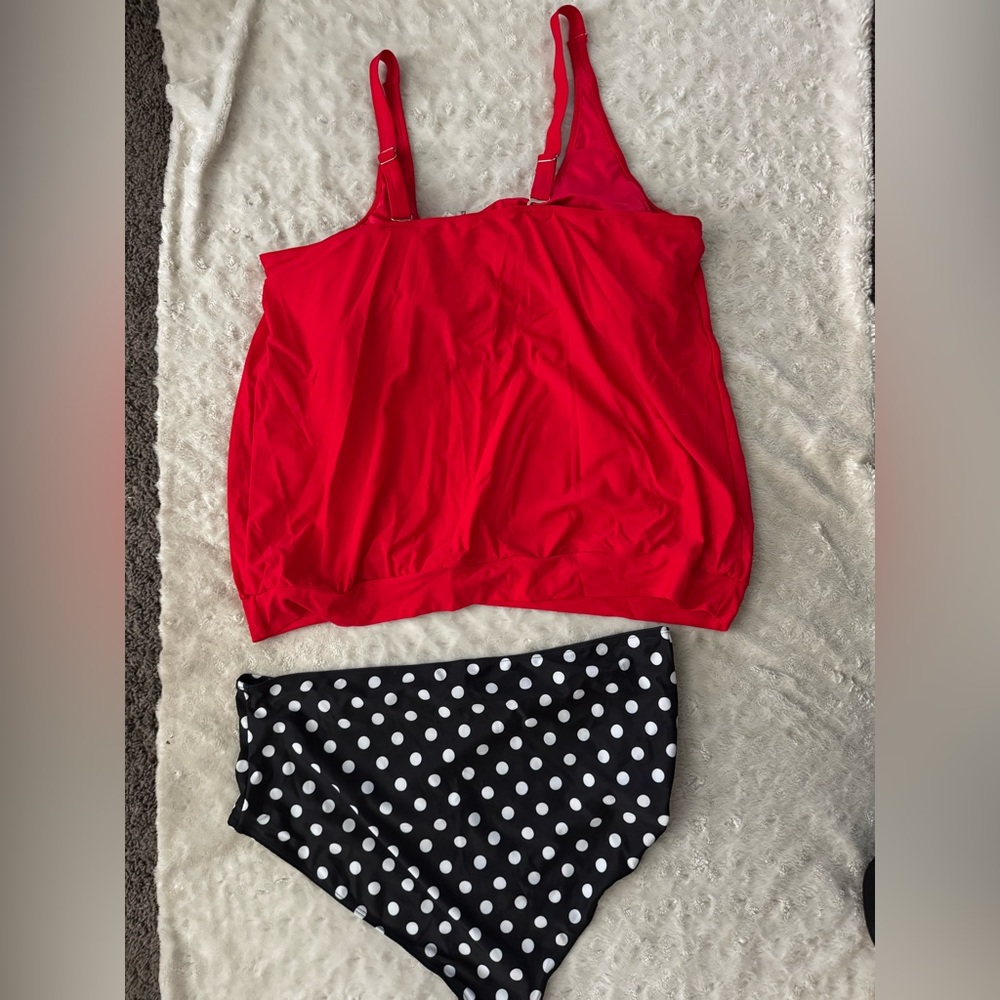 NWT- YONIQUE Tummy Control Bathing Suit Blouson Tankini Swimsuit-Red Dot - Picture 6 of 15